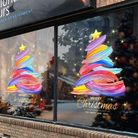 Christmas Tree Window Stickers Static Cling PVC Colorful Artistic Brush Strokes Double Sided Decor For Glass Door Shop Showcase