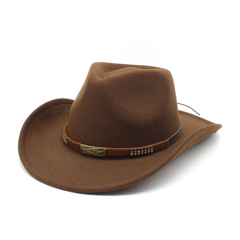 Vintage Western Cowboy Hat Wool Felt Wide Brim Retro Fedora With Riveted Belt Metal Buckle Unisex