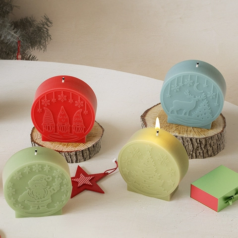 Stampo Silicone Natale Rotondo Rilievo Per Creazione Candele DIY Resina Sapone Artigianato Babbo Natale Pupazzo Neve Renna Albero