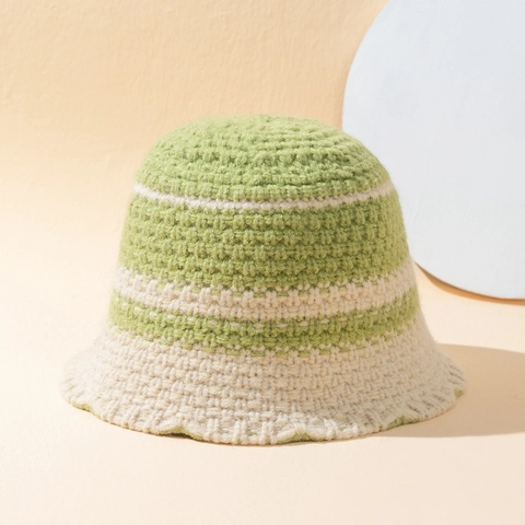 Striped Contrast Color Wavy Brim Knitted Bucket Hat For Women Vintage Crochet Acrylic Thermal Winter Cap