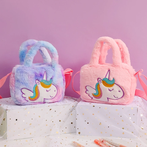 Cute Kids Plush Unicorn Shoulder Bag Rainbow Faux Fur Crossbody Handbag With Embroidery For Toddler Girls Daily Use