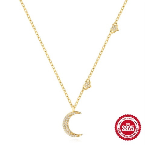 Collana Con Pendente Luna E Stella Argento Sterling 925 Placcato Oro Con Zirconi Gioielli Celesti Raffinati Per Donne Regalo
