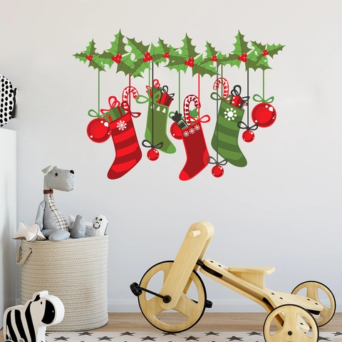 Kerst Muurstickers PVC Sok Ornamenten Hulst Bladeren Decals Home Woonkamer Slaapkamer Feestelijke Vakantie Decoratie