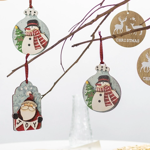 Christmas Hanging Ornaments Painted Wood Santa Snowman Reindeer Holiday Tree Decor Plaid Ribbon Twine Rustic Vintage