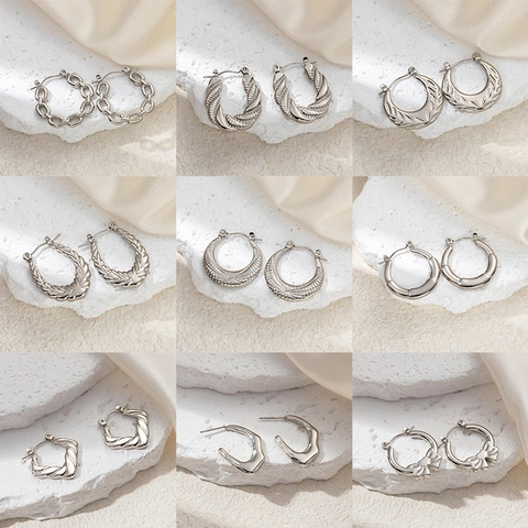 Titanium Stainless Steel Geometric Stud Earrings For Women Silver Minimalist Elegant Textured Twisted Rope Bamboo Hammered Hoop Earrings Trendy Jewelry