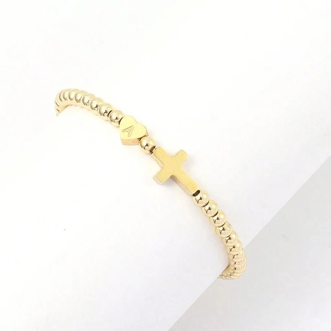 Fashion Stainless Steel Gold Plated Beaded Bracelet For Women Initial Letter Heart Cross Pendant Adjustable Jewelry Gift