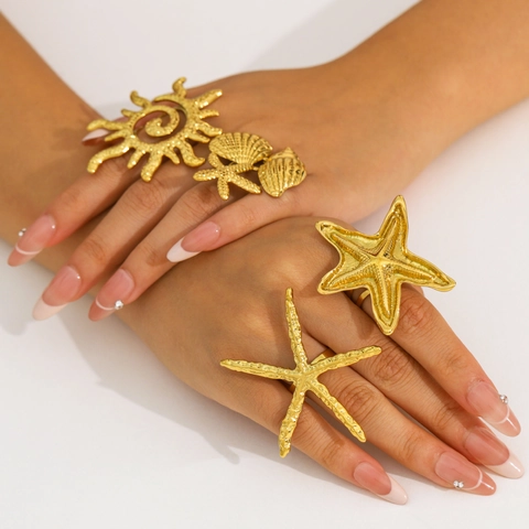 Seestern Muschel Sonne Ringe 18K Vergoldeter Edelstahl Wasserdicht Massiv Strand Urlaub Schmuck Für Frauen