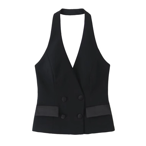 Halter Neck V Neck Vest And High Waist Shorts Chic Polyester Double Breasted Streetwear Sleeveless Plain Black