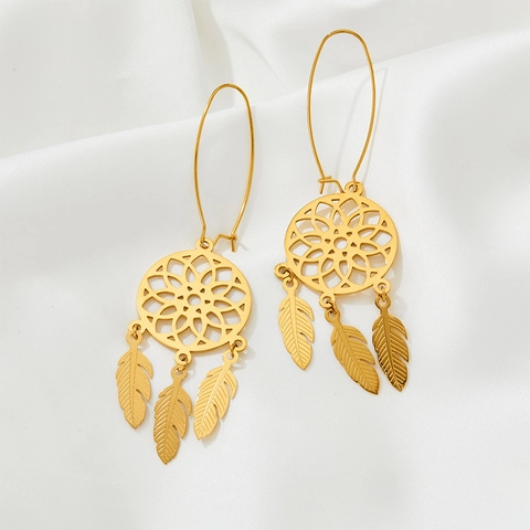 Boucles D'oreilles Pendantes Attrape-Rêves En Acier Inoxydable Plaquage Sous Vide Pendentifs Plumes Style Bohême Ethnique Pour Femmes