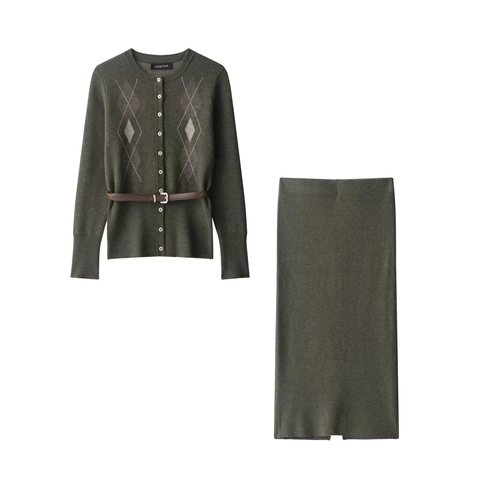 Dames Argyle Gebreid Vest En Midirock Met Riem Lange Mouwen Ronde Hals Knoopsluiting Casual Streetwear Kleding
