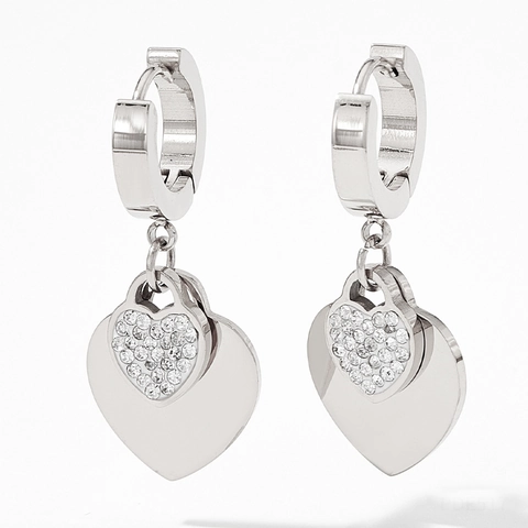 Stainless Steel Rhinestone Double Layer Heart Pendant Hoop Earrings Simple Exquisite Korean Style Jewelry For Women