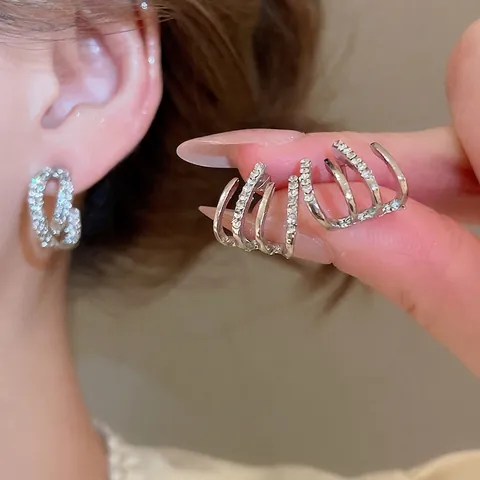 Shiny Zircon Rhinestone Double Layer C Shape Hoop Earrings Alloy With 925 Sterling Silver Earring Post For Women Modern Elegant