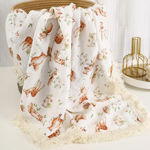 Baby Mullwindel Swaddle Decke Reine Baumwolle Bedruckt Quasten Kinderwagen Abdeckung Neugeborene Atmungsaktiv Weich Wickelmatte