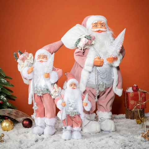 Pink Velvet Santa Claus Doll Ornament With White Mini Christmas Tree And Gift Bag Festive Home Table Decor