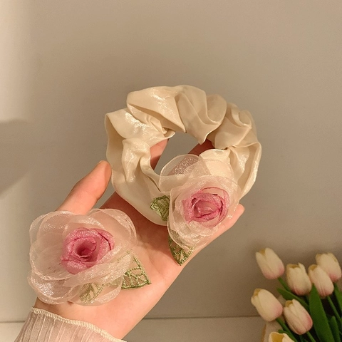 Pince À Cheveux Et Chouchou Fleur De Rose 3D À La Main Organza Style Fée Élégant Accessoire Floral Pour Femmes Filles