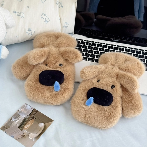 Lindos Guantes De Peluche De Perro De Dibujos Animados Invierno Cálido Mitones De Piel Sintética Con Cuerda Para El Cuello Mujer