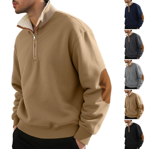 Sudadera Para Hombre 100% Poliéster Cuarto De Cremallera Cuello Alto Parches En Los Codos Pullover Informal Retro