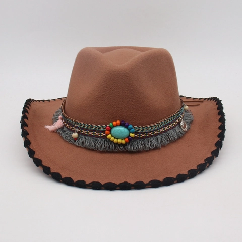 Chapeau Cowboy Western Coton Polyester Feutre Style Bohème Ethnique Avec Perles Turquoise Glands Hommes Femmes