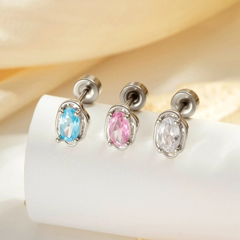 Oval Zircon Ear Cartilage Stud Titanium Steel Copper Piercing Jewelry Screw Back Simple Geometric Style For Women