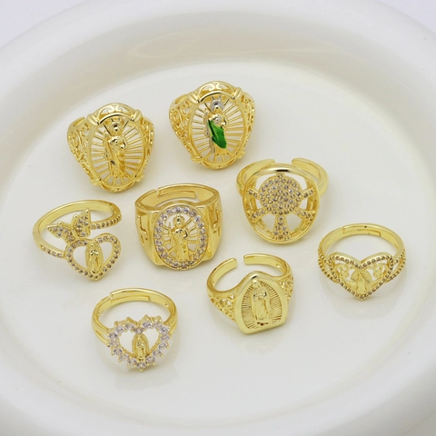 Anello Aperto Regolabile in Rame Oro Religioso Vergine Maria Cuore Farfalla Per Donna Vintage Traforato Con Intarsio in Zirconia Gioielli