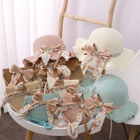 Kids Girls Summer Straw Hat And Straw Bag Floral Bow Sun Hat Beach Handbag Paper Straw Princess Style