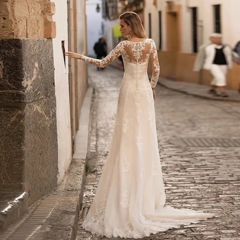 Abito Da Sposa Elegante In Pizzo A Maniche Lunghe Scollo A V Profondo Schiena Scoperta Tulle Piccola Coda Donne