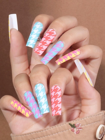 ABS Press On Nails Long Square Matte Rainbow Houndstooth Colorful Fake Nails For Women
