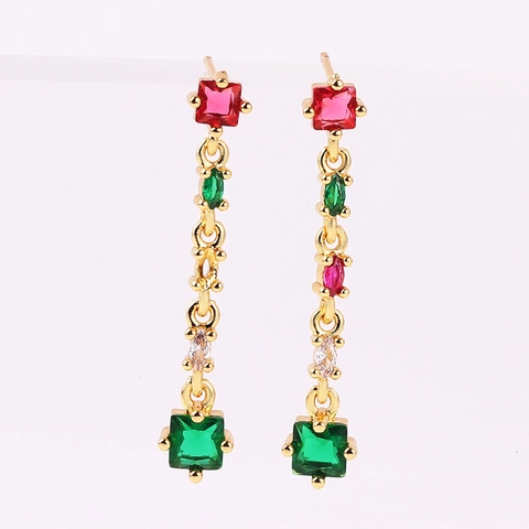 Boucles D'oreilles Pendantes Géométriques Laiton Plaqué Or 18K Zircone Cubique Frange Longue Colorée Pour Femmes