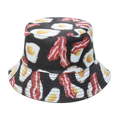 Fried Ei Und Speck Essen Druck Anglerhut Polyester Faltbar Sonnenschutz Fischerhut Herren Damen Lässig Outdoor
