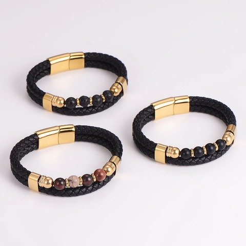 Pulsera Para Hombre De Cuero Trenzado Con Cuentas De Piedra Natural Y Cierre Magnético De Acero Inoxidable