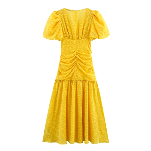 V-Ausschnitt Puffärmel Maxikleid Strukturierter Jacquard Hohe Taille Gesmokt A-Linie Elegant Damen Gelb