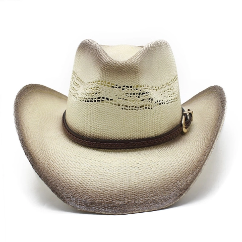 Chapeau De Cowboy En Paille Respirant Chapeau De Soleil En Papier Avec Bord Dégradé Et Bande En Cuir Style Vintage