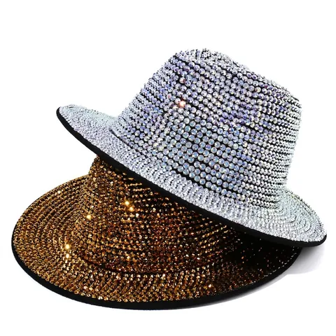 Sparkly Rhinestone Fedora Hat Full Crystal Jazz Cap For Party Banquet Stage Performance Wide Brim Punk Style Unisex