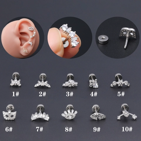 Copper Zircon Ear Cartilage Studs With Stainless Steel Post Flat Back Screw Piercing Jewelry For Helix Tragus Conch