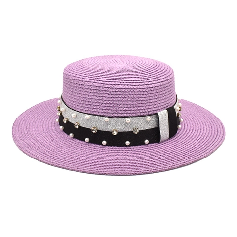 Women Straw Boater Hat Elegant Wide Brim Flat Top Sun Hat With Artificial Pearl Rhinestone Ribbon For Summer Beach Vacation