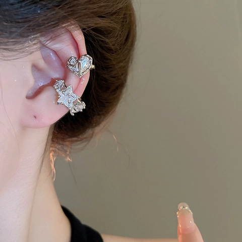 Ear Cuffs Stella Cuore Rame Zirconia Senza Buco Colore Argento Elegante Lusso Donne