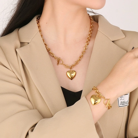 Women Stainless Steel Jewelry Necklace Bracelet Heart Pendant Chunky O Chain OT Toggle Clasp Exaggerated Fashion Trendy