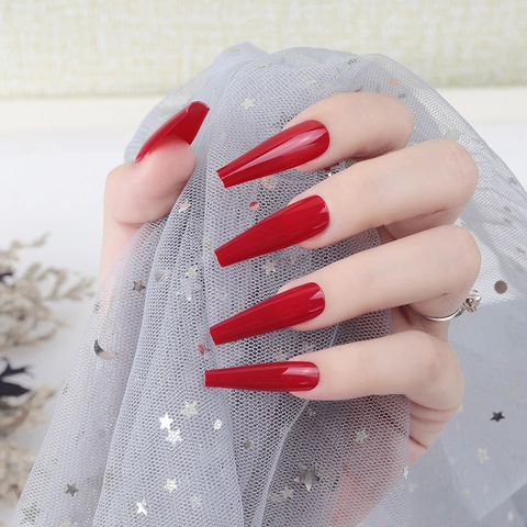 Uñas Postizas a Presión de Ataúd Extra Largas Brillantes Color Sólido Recubrimiento UV Cobertura Completa Uñas Artificiales Moda Mujer