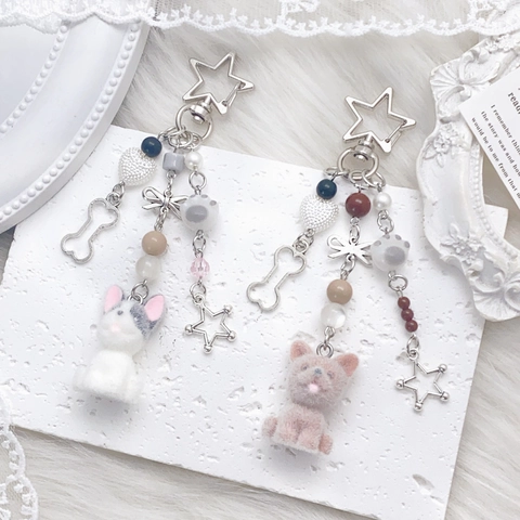 Cute Flocking Dog Keychain Beaded Phone Charm With Star Clasp Heart Bone Pendant Korean Style For Women Girls Bag Decor