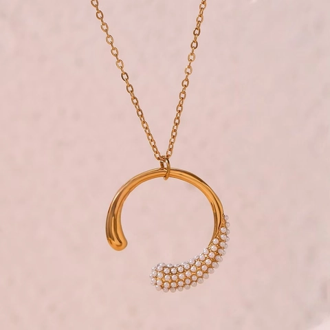 Minimalist Stainless Steel 18K Gold Plated C-Shaped Necklace And Open Ring Set With Artificial Pearl Rhinestone For Women