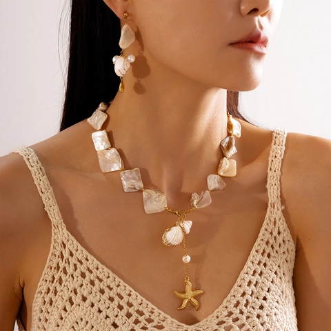 Collar Con Colgante De Estrella De Mar Concha Acero De Titanio Concha Natural Perla Artificial Joyería De Playa Bohemia Para Mujer