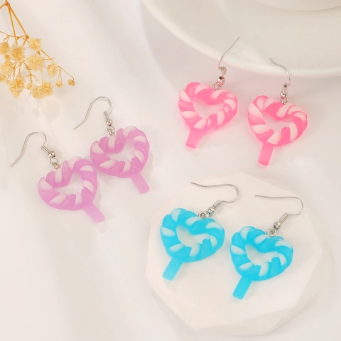 Luminous Heart Lollipop Dangle Earrings Sweet Candy Color Twisted Resin Drop Earrings For Women Girls Fashion Jewelry