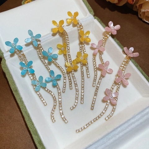Blumen Quasten Ohrhänger Mit Harzblüten Kunstperlen Zirkon Strass Und Silber Ohrstecker Für Frauen Mode