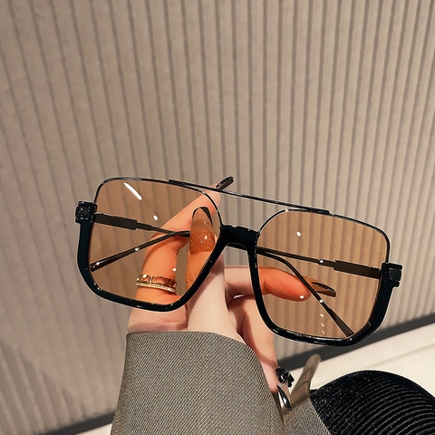 Gafas De Sol Cuadradas Grandes Mujer Retro Puente Doble Protección UV400 Lentes Degradadas Marco Aleación Cobre Moda