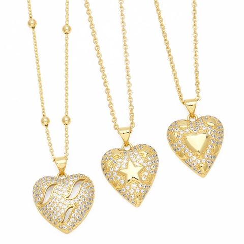 Fashion Copper Gold Plated Heart Pendant Necklace For Women Micro Pave Zirconia Hollow Heart Clavicle Chain Jewelry Gift