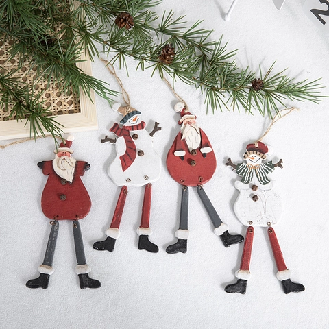 Decorazioni Natalizie Appese In Legno Dipinto Babbo Natale Pupazzo Di Neve Gamba Lunga Mobile Corda Di Juta Campanello Di Metallo
