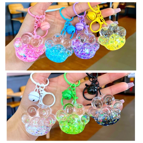 Simpatico Portachiavi a Forma di Zampa di Gatto con Sabbie Mobili Bottiglia Pendente per Borsa in Acrilico con Campanello Portachiavi Luminoso Colorato
