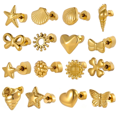 Stainless Steel Gold Plated Starfish Shell Heart Flower Butterfly Stud Earrings For Women Ocean Threaded Screw Back Jewelry