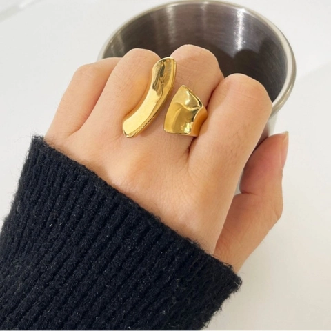 Klobiger Offener Ring 316L Edelstahl 18K Vergoldet Geometrischer Unregelmäßiger Wellen Metallstil Verstellbar Damen