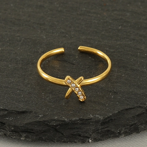 18K Vergulde Roestvrijstalen X-Vorm Ring Voor Dames Verstelbare Criss Cross Open Ring Met Zirkonia Mode